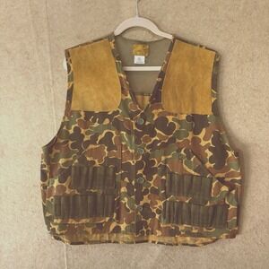 Vintage Bob Allen Gun Club Shooting Vest Mens Sz L Green Brown Camo‎ Pockets